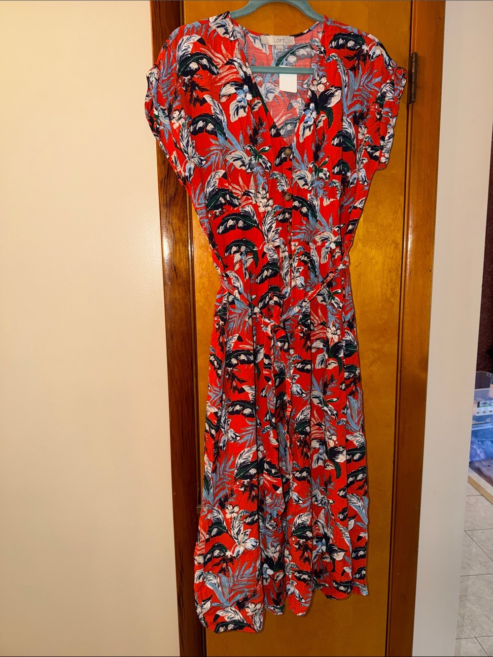 LOFT Red Floral-Leaf Wrap Maxi Dress